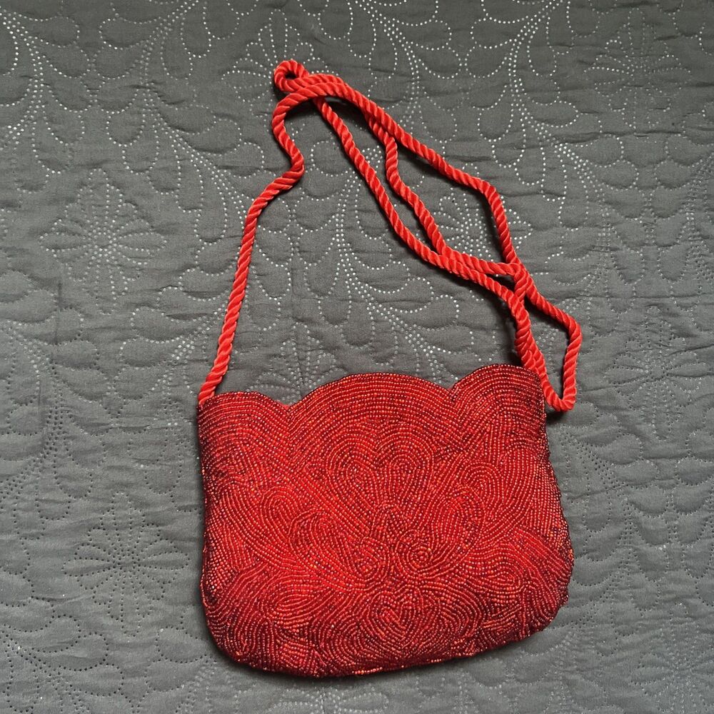 Vintage Marshall Fields Red Beaded Evening Bag Rope Chain HandMade In China Glam